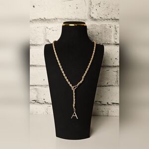 Gold Tone Rope Chain Y Necklace with Pavé Initial “A” Pendant